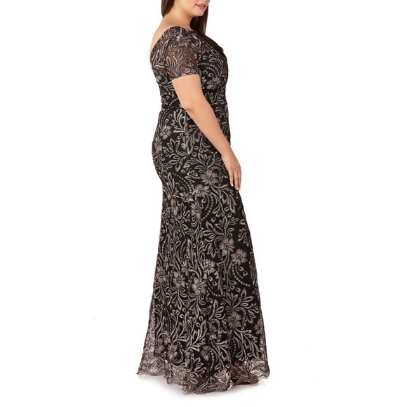 JS COLLECTIONS Salmon Pink Black Floral Embroidered Lace Trumpet Slit Gown 10 - Picture 9 of 10